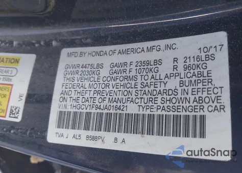 2018 Honda Accord Touring from USA, damaged, VIN 1HGCV1F94JA016421